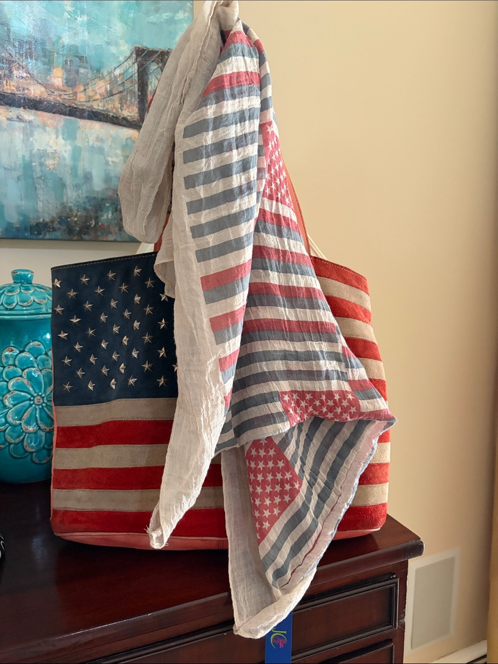 Scully vintage American Flag suede and leather zip top tote bag and NWT scarf - Picture 3 of 14